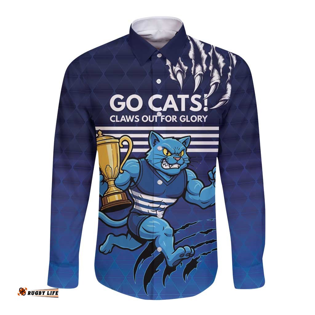 Personalised Geelong Pride Long Sleeve Button Shirt Claws Out for Glory LT9