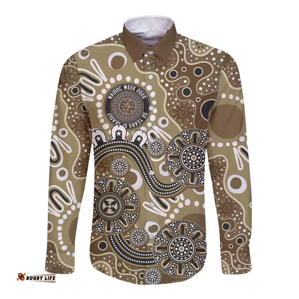 Personalised NAIDOC Week 50 Years Deadly Always Long Sleeve Button Shirt Brown Aboriginal Artwork Dot Painting LT9
