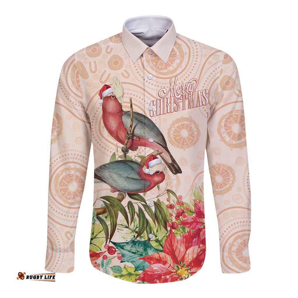 Merry Christmas Aussie Aboriginal Long Sleeve Button Shirt Rosebreasted Cockatoo Pastel LT7