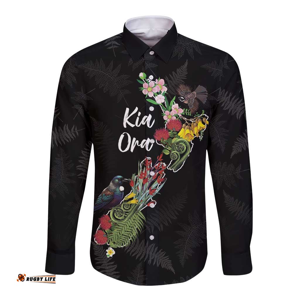 Kia Ora New Zealand Floral Personalized Long Sleeve Button Shirt Black LT7