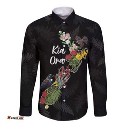 Kia Ora New Zealand Floral Personalized Long Sleeve Button Shirt Black LT7