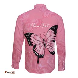 Personalised Australia Breast Cancer Awareness Long Sleeve Button Shirt Pink Ribbon Butterfly Opal Pattern LT14