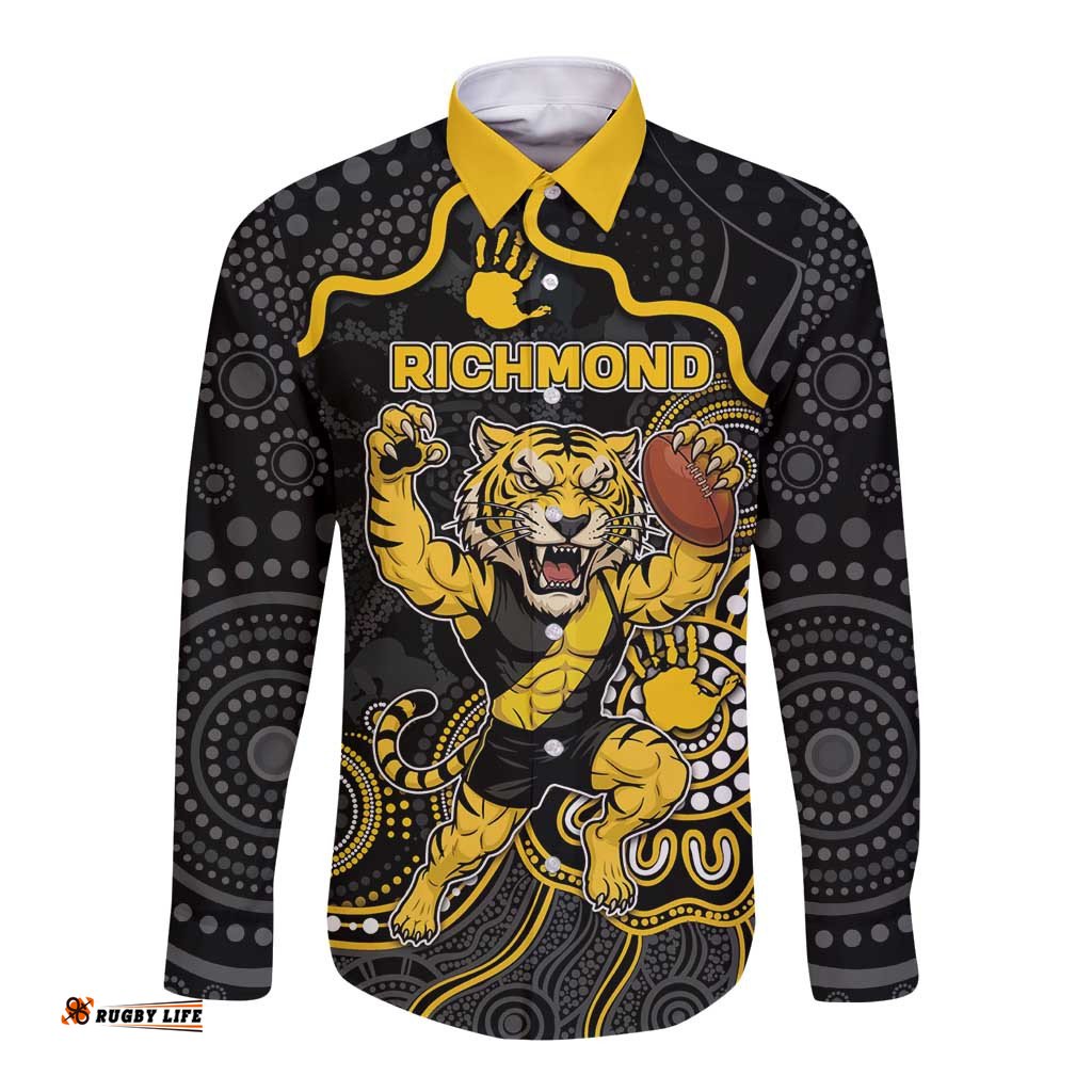 Custom Richmond Football Long Sleeve Button Shirt Aboriginal Dot Art Pattern DT05