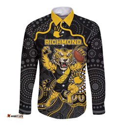 Custom Richmond Football Long Sleeve Button Shirt Aboriginal Dot Art Pattern DT05