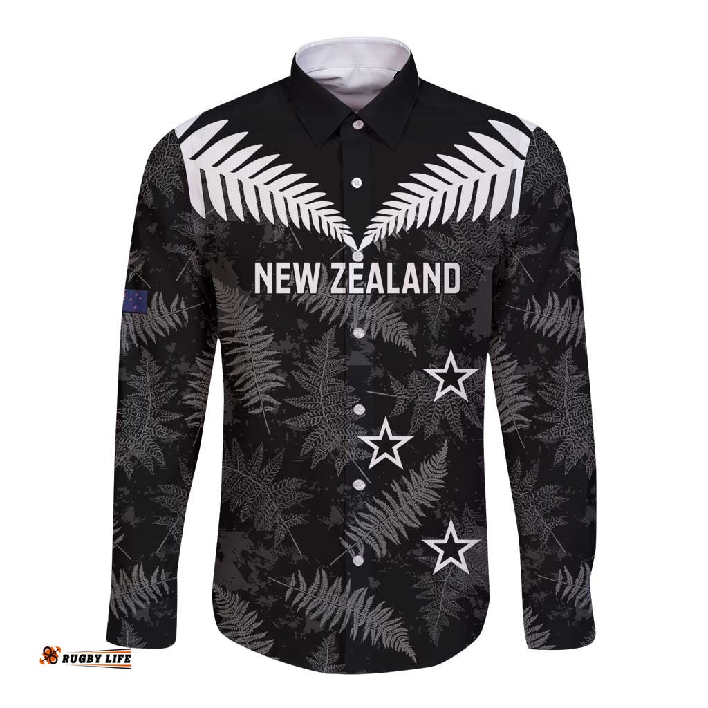 Custom New Zealand Silver Fern Football Long Sleeve Button Shirt Go Aotearoa Grunge Black LT14