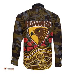Hawthorn Hawks ANZAC Day Long Sleeve Button Shirt Indigenous Dot Art with Poppy Flower Tribute TS04
