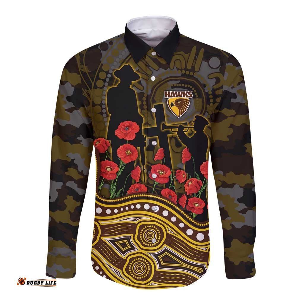 Hawthorn Hawks ANZAC Day Long Sleeve Button Shirt Indigenous Dot Art with Poppy Flower Tribute TS04