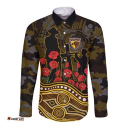 Hawthorn Hawks ANZAC Day Long Sleeve Button Shirt Indigenous Dot Art with Poppy Flower Tribute TS04