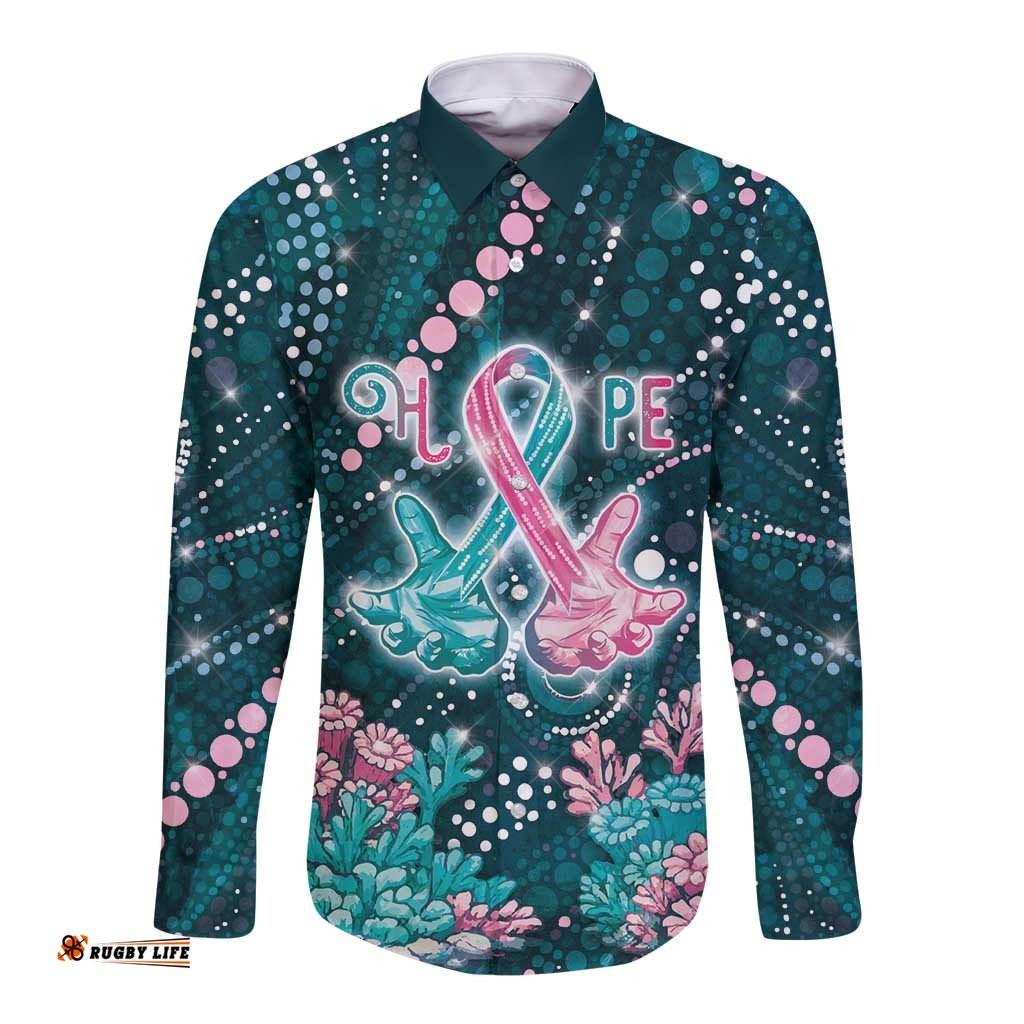 Personalised Hereditary Cancer Awareness Long Sleeve Button Shirt Hope Ribbon With Aussie Teal Duncan Coral DT05