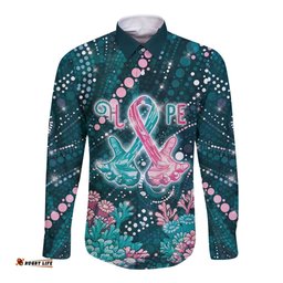 Personalised Hereditary Cancer Awareness Long Sleeve Button Shirt Hope Ribbon With Aussie Teal Duncan Coral DT05