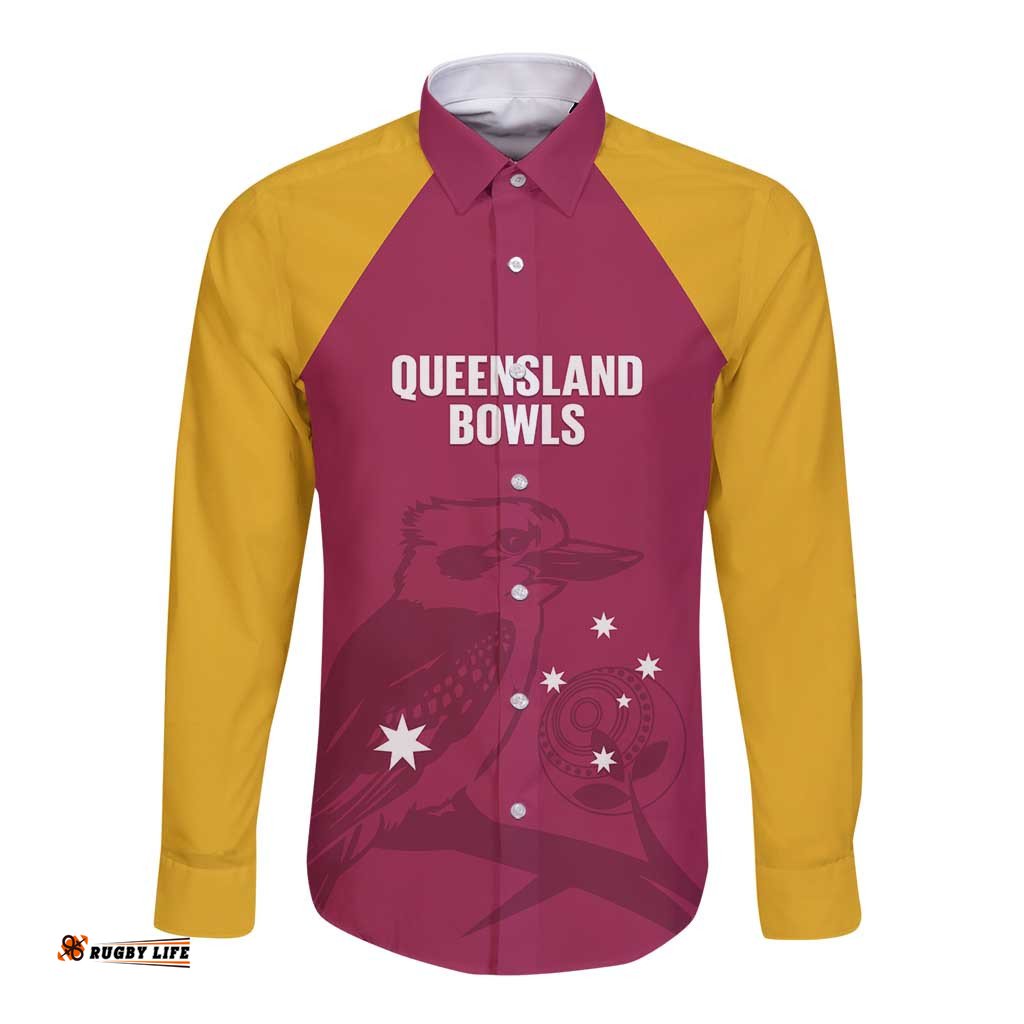 Custom Queensland Bowls Australia Long Sleeve Button Shirt Go Champions QLD Kookaburra LT14
