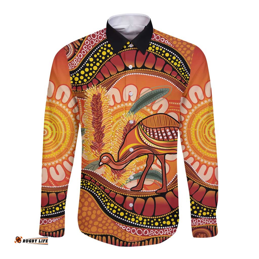 Indigenous Emu Australia Long Sleeve Button Shirt Australian Bottlebrushes Aboriginal Art Proud LT14