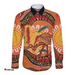 Indigenous Emu Australia Long Sleeve Button Shirt Australian Bottlebrushes Aboriginal Art Proud LT14