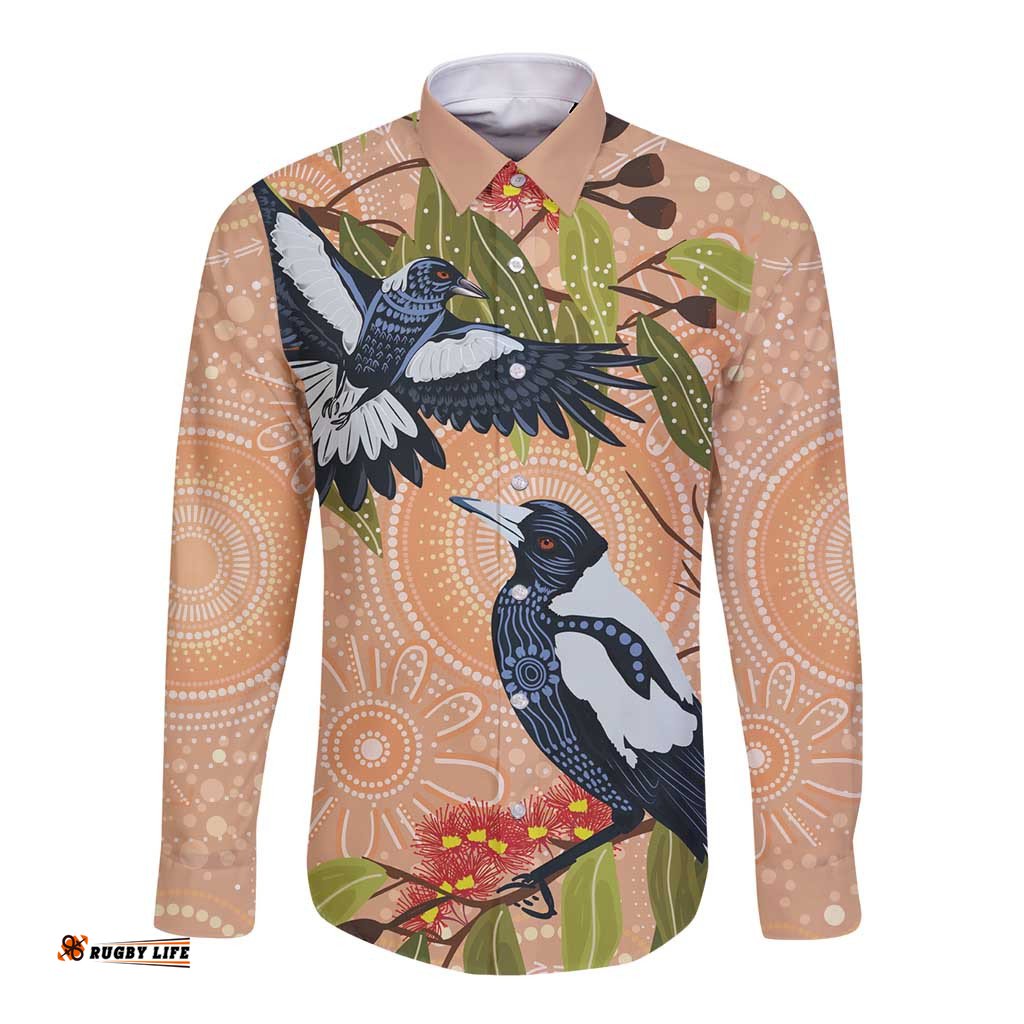 Magpies On Eucalyptus Australia Aboriginal Long Sleeve Button Shirt LT7