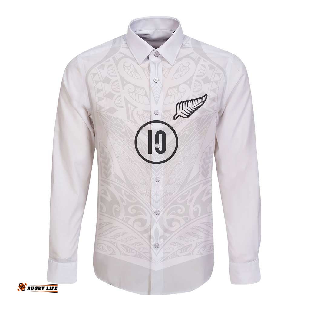 Custom New Zealand Football Long Sleeve Button Shirt The Whites-Sporty T90 Style LT03
