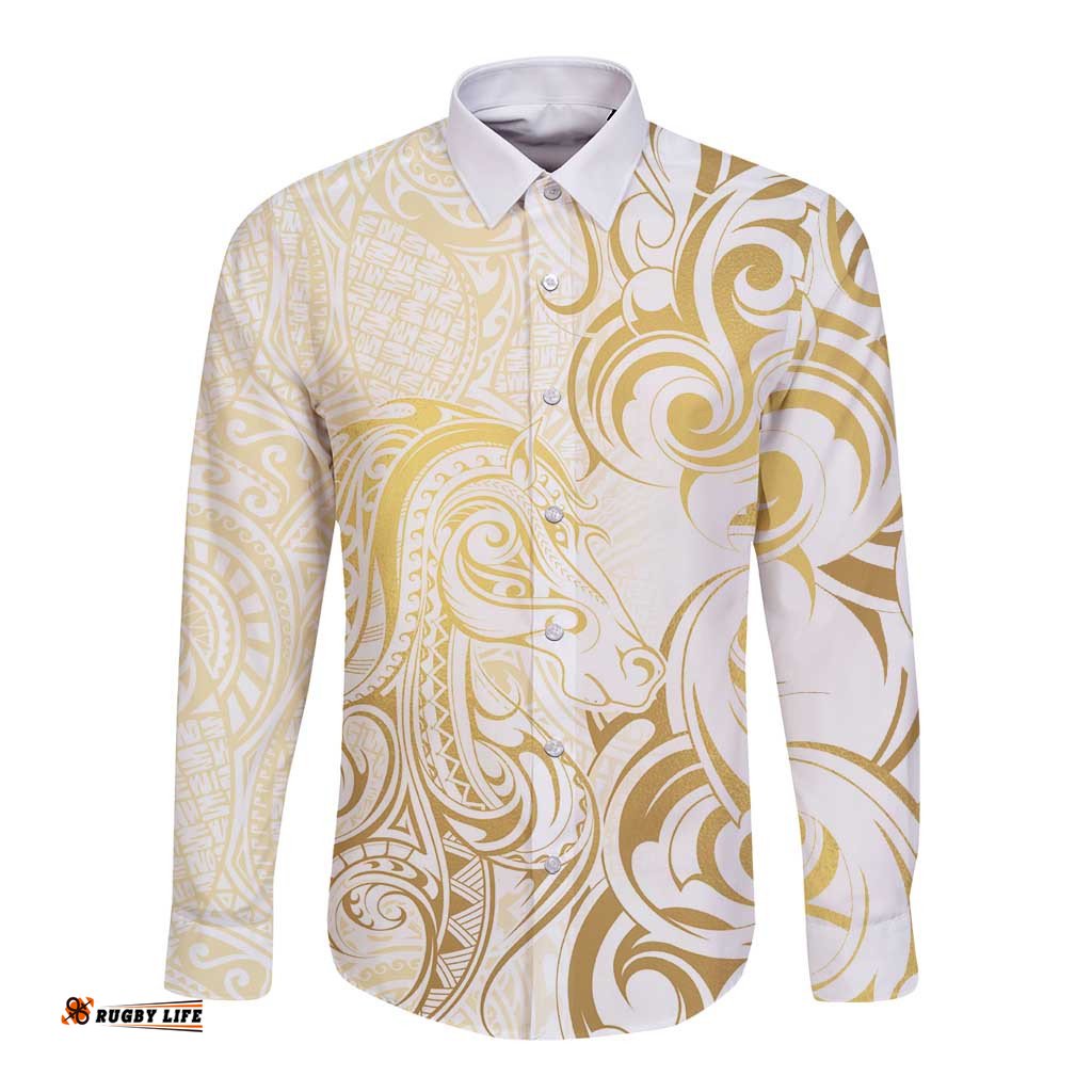 Gold And White Aoteara Horse Racing Long Sleeve Button Shirt NZ Maori Pattern LT14