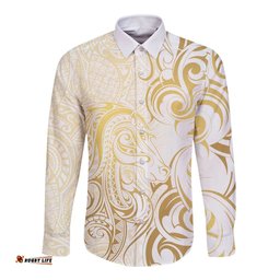 Gold And White Aoteara Horse Racing Long Sleeve Button Shirt NZ Maori Pattern LT14