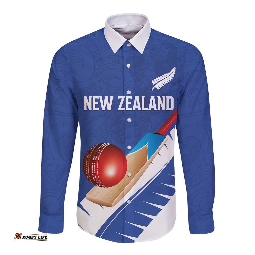 Custom New Zealand Cricket Long Sleeve Button Shirt Kiwi Birds Haka Dance Blue Fern Sporty Style LT03