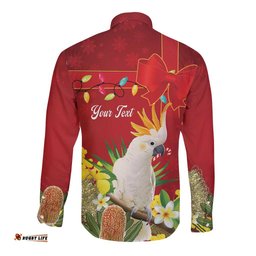 Personalised Australia Sulphur-crested Cockatoo Christmas Long Sleeve Button Shirt Aussie Native Flowers Merry Xmas LT14