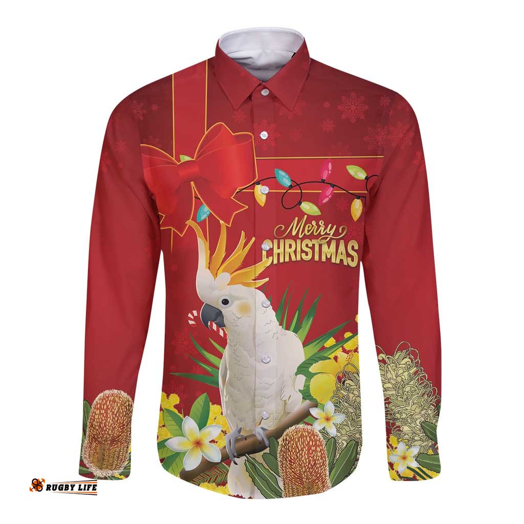 Personalised Australia Sulphur-crested Cockatoo Christmas Long Sleeve Button Shirt Aussie Native Flowers Merry Xmas LT14