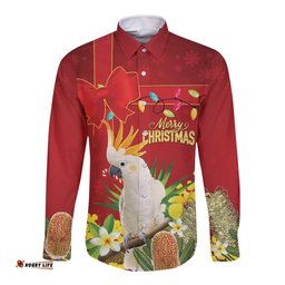Personalised Australia Sulphur-crested Cockatoo Christmas Long Sleeve Button Shirt Aussie Native Flowers Merry Xmas LT14