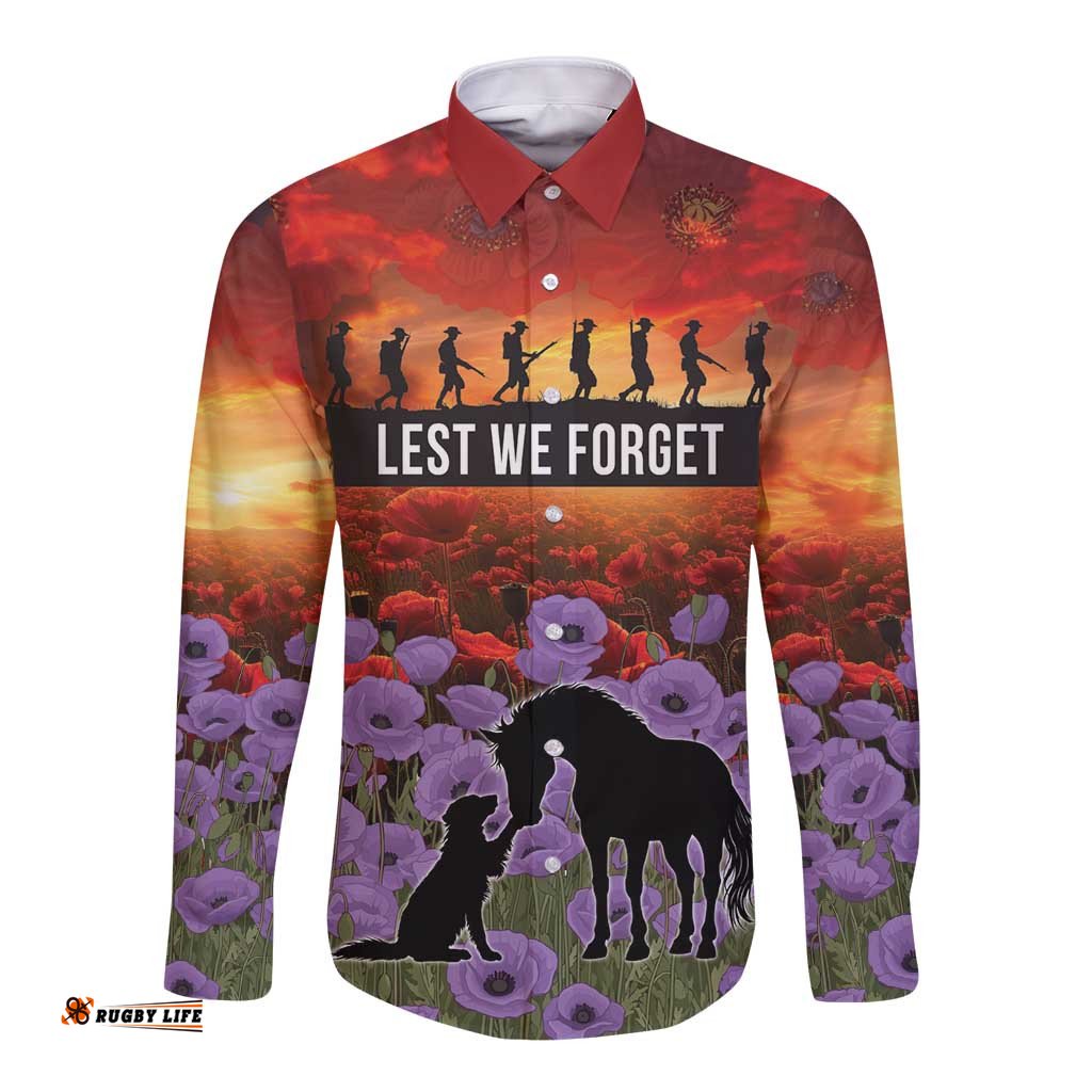 Personalised ANZAC Day Long Sleeve Button Shirt Remembering the Animals of War LT19