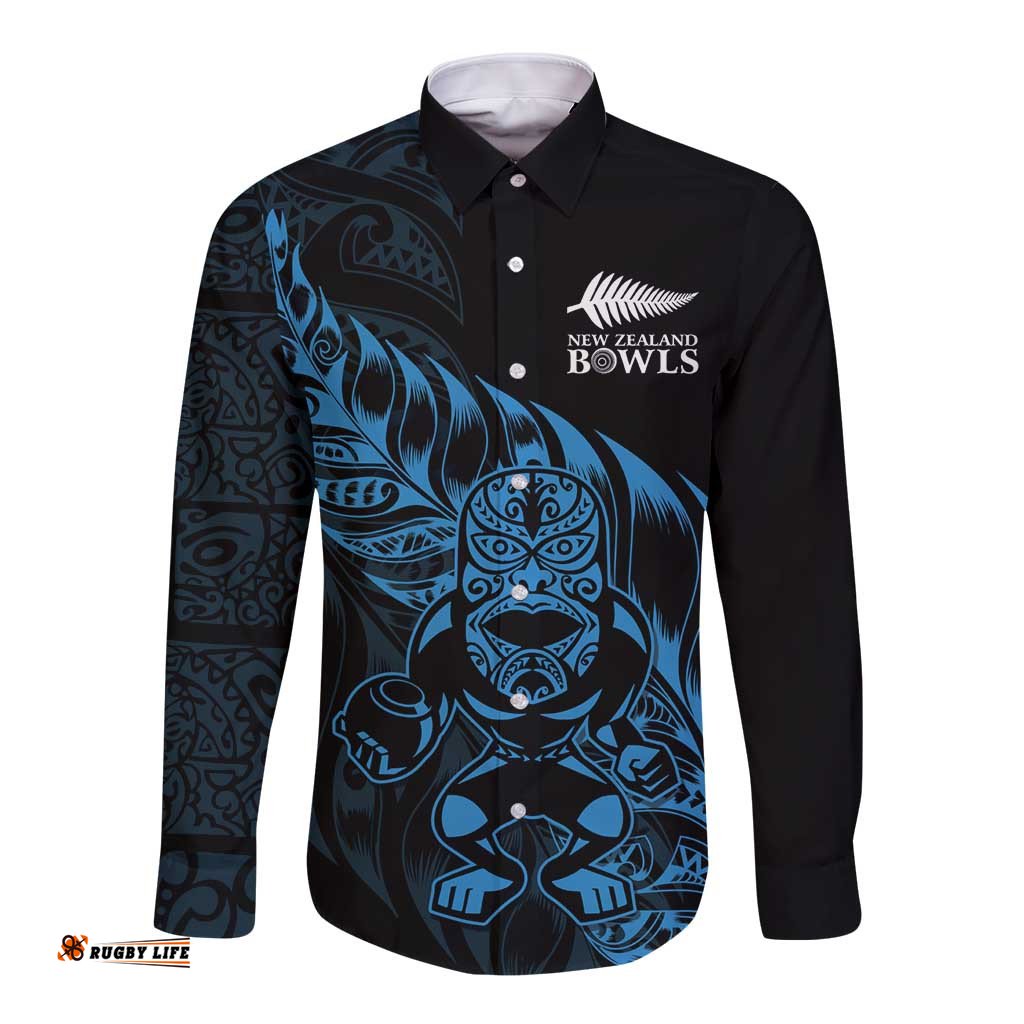 New Zealand Lawn Bowls Custom Long Sleeve Button Shirt Blue Maori Warrior Tribal Silver Fern LT9
