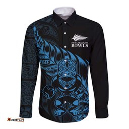 New Zealand Lawn Bowls Custom Long Sleeve Button Shirt Blue Maori Warrior Tribal Silver Fern LT9