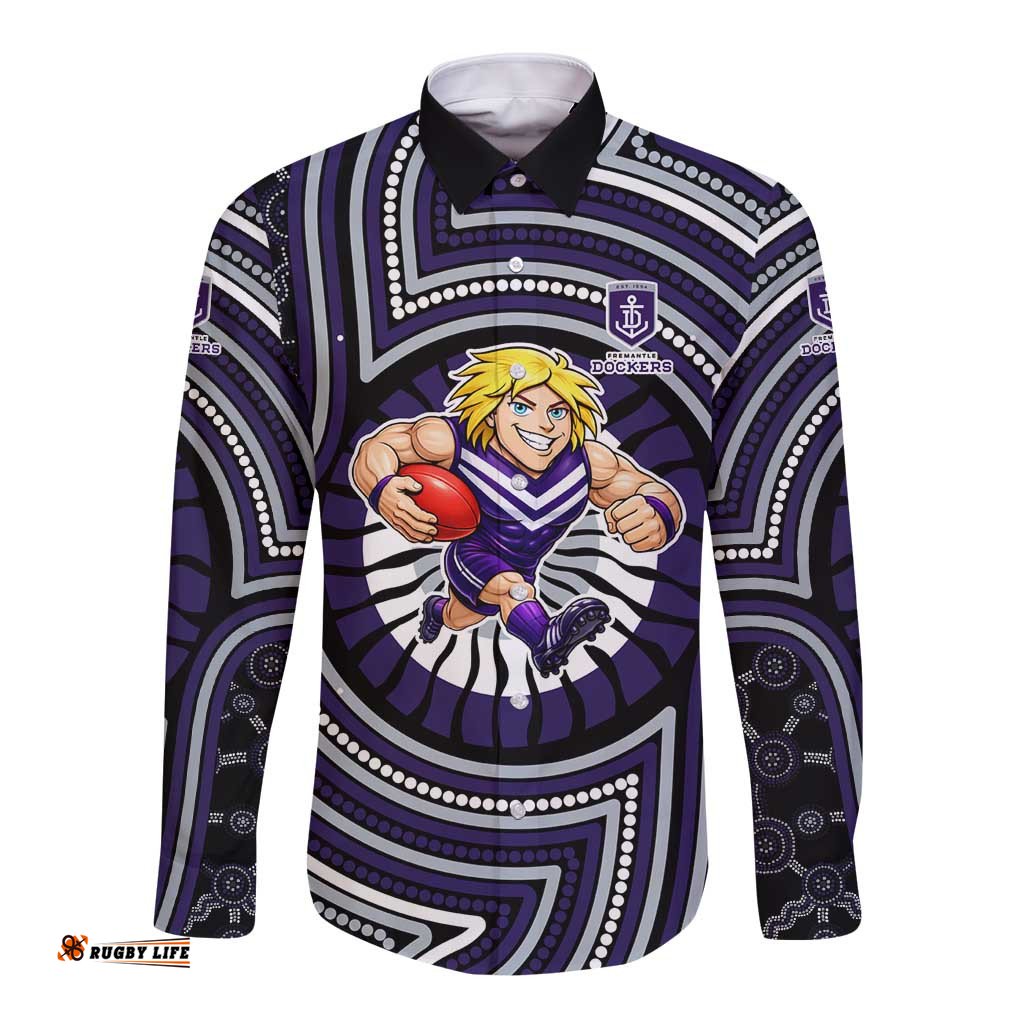 Fremantle Dockers Long Sleeve Button Shirt Indigenous Monochrome Dot Art Mascot Style TS04