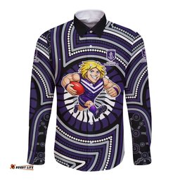 Fremantle Dockers Long Sleeve Button Shirt Indigenous Monochrome Dot Art Mascot Style TS04