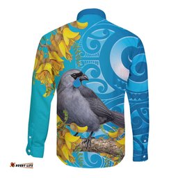 New Zealand Kokako Bird Long Sleeve Button Shirt Maori Koru With Kowhai Flowers LT05
