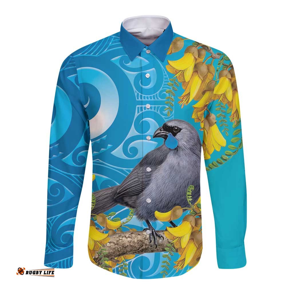 New Zealand Kokako Bird Long Sleeve Button Shirt Maori Koru With Kowhai Flowers LT05