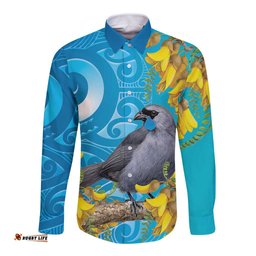 New Zealand Kokako Bird Long Sleeve Button Shirt Maori Koru With Kowhai Flowers LT05