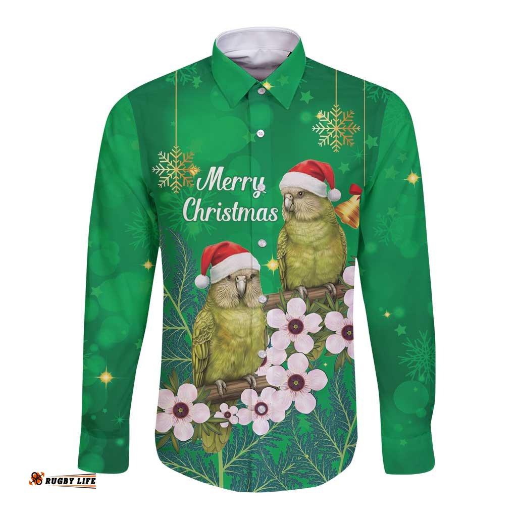 New Zealand Kakapo Christmas Long Sleeve Button Shirt Owl Parrot Santa Sliver Fern Manuka - Green LT14