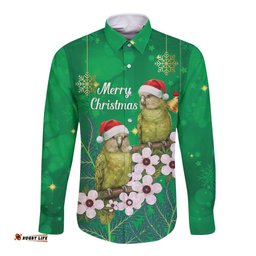 New Zealand Kakapo Christmas Long Sleeve Button Shirt Owl Parrot Santa Sliver Fern Manuka - Green LT14