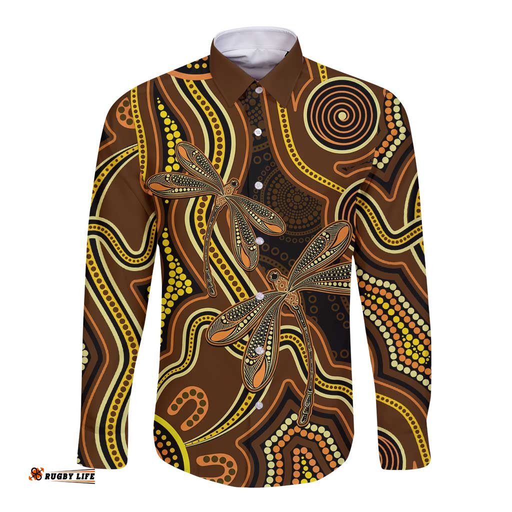 Orange Indigenous Dragonfly Australia Long Sleeve Button Shirt Aboriginal Art LT14