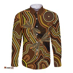 Orange Indigenous Dragonfly Australia Long Sleeve Button Shirt Aboriginal Art LT14