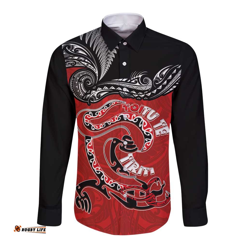 Personalised Aotearoa Toitu Te Tiriti Long Sleeve Button Shirt Taniwha Tribal Motifs LT03