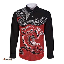 Personalised Aotearoa Toitu Te Tiriti Long Sleeve Button Shirt Taniwha Tribal Motifs LT03