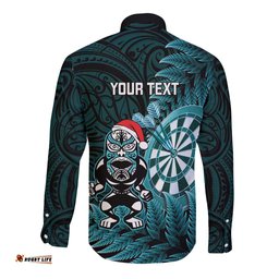 Personalised New Zealand Darts Christmas Long Sleeve Button Shirt Maori Fern Merry Dartsmas LT14