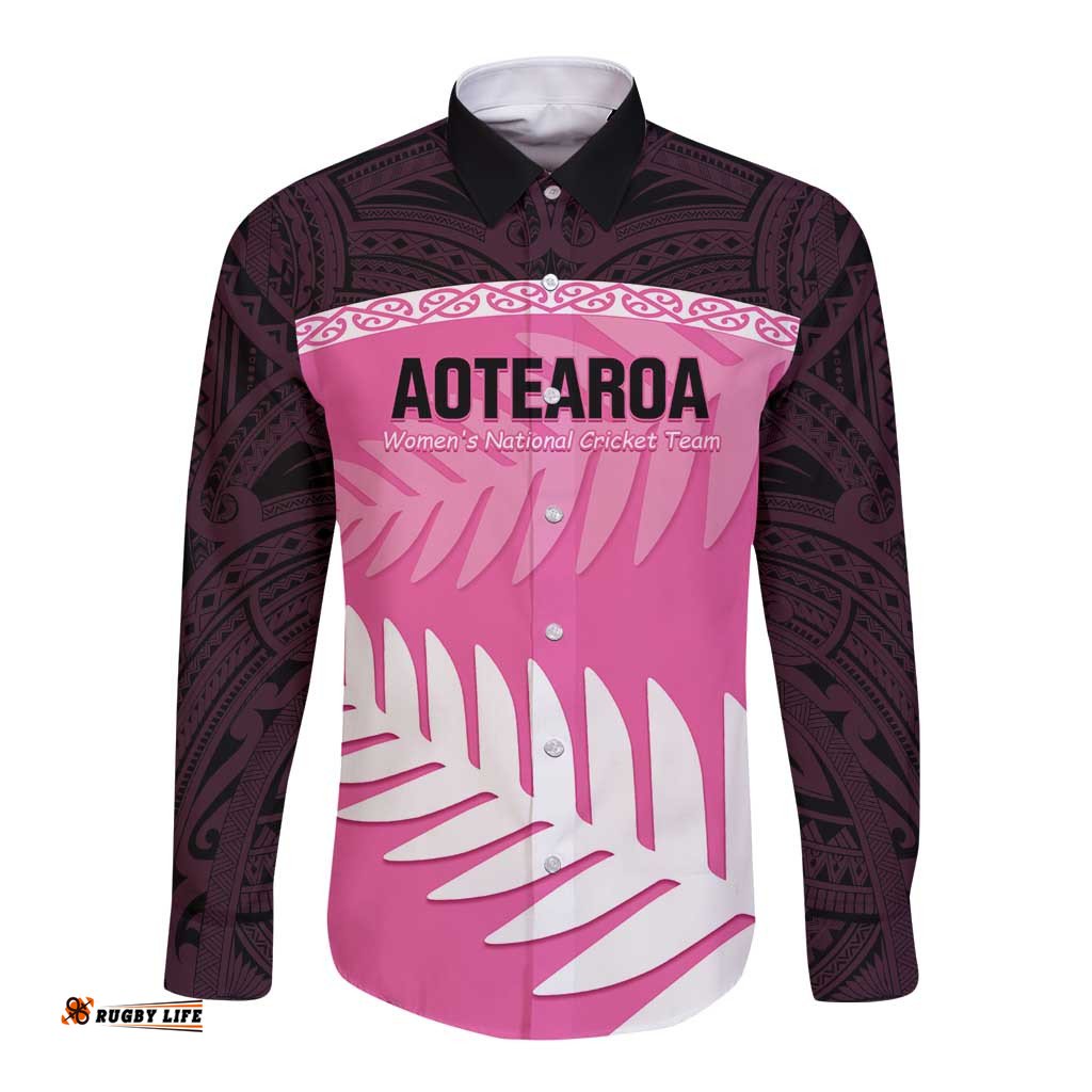 Custom New Zealand Aotearoa Cricket Long Sleeve Button Shirt Go White Silver Fern LT14