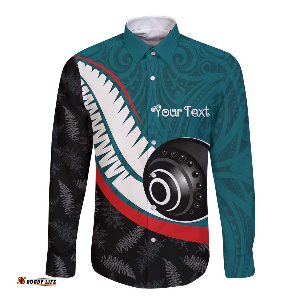 Personalised Aotearoa Lawn Bowls Long Sleeve Button Shirt Maori and Silver Fern Sporty Style Teal Color LT03