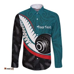 Personalised Aotearoa Lawn Bowls Long Sleeve Button Shirt Maori and Silver Fern Sporty Style Teal Color LT03