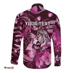 Personalised Maori Romantic Valentine Long Sleeve Button Shirt The Hongi Kiss Pink Galaxy DT05