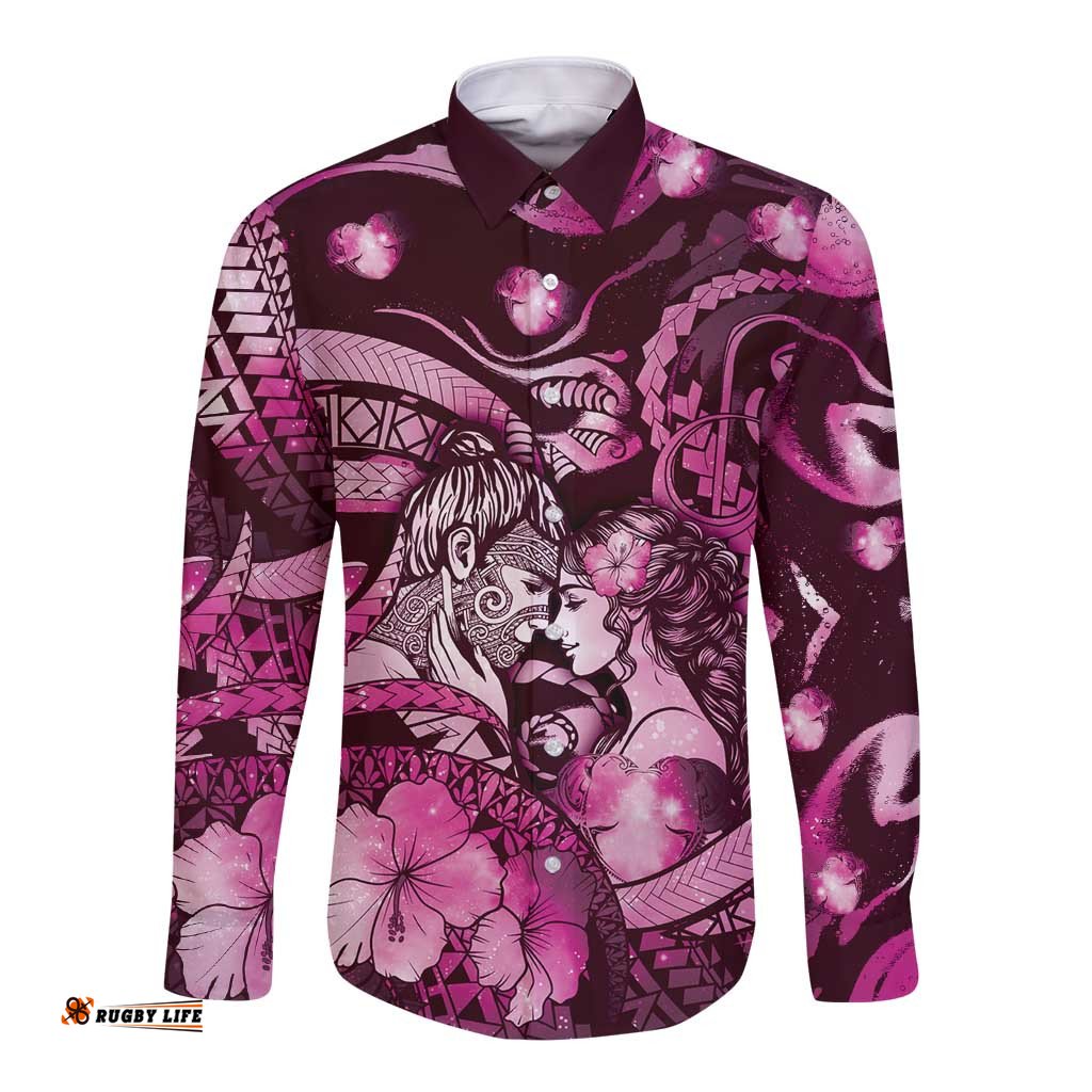 Personalised Maori Romantic Valentine Long Sleeve Button Shirt The Hongi Kiss Pink Galaxy DT05