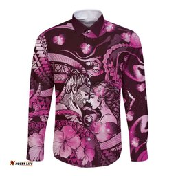 Personalised Maori Romantic Valentine Long Sleeve Button Shirt The Hongi Kiss Pink Galaxy DT05