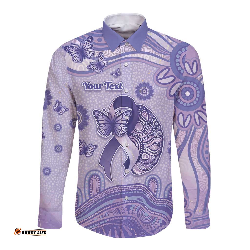 Personalised Epilepsy Awareness Long Sleeve Button Shirt Purple Ribbon Butterfly And Brain Aboriginal Art DT05