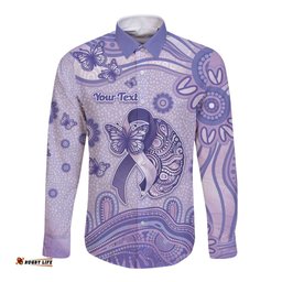 Personalised Epilepsy Awareness Long Sleeve Button Shirt Purple Ribbon Butterfly And Brain Aboriginal Art DT05