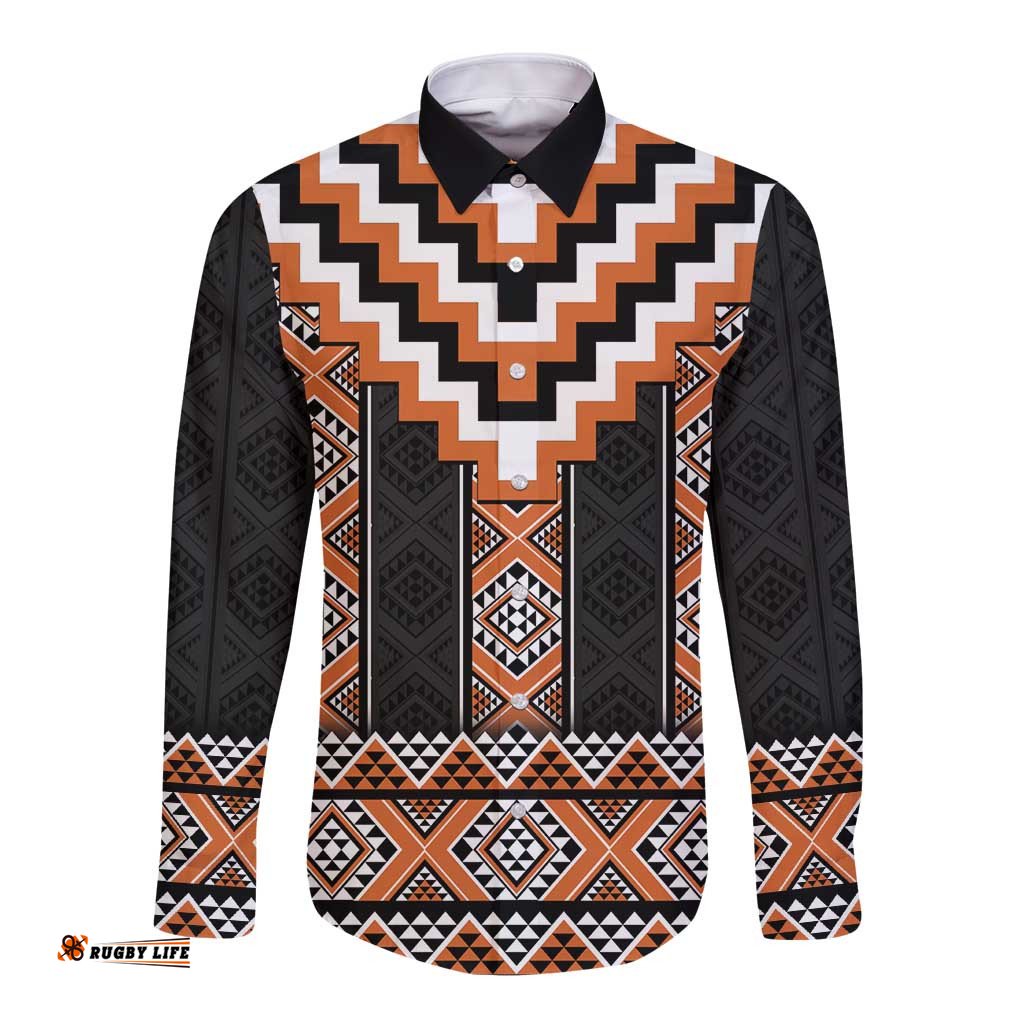 Orange Taniko Pattern Aotearoa Long Sleeve Button Shirt Niho Taniwha Mix Poutama LT14