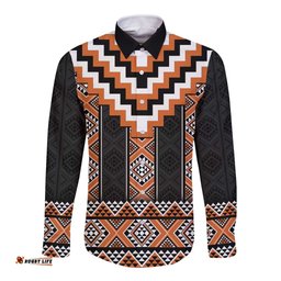 Orange Taniko Pattern Aotearoa Long Sleeve Button Shirt Niho Taniwha Mix Poutama LT14
